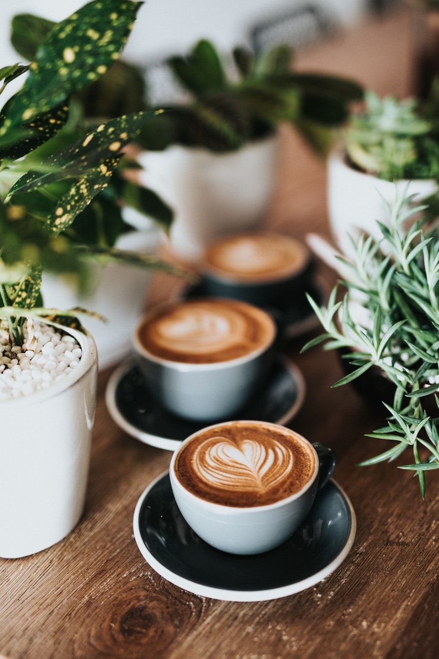 A latte with leaf latte art in a ceramic cup.